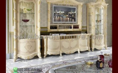 Bufet TV Duco Putih Model Ukiran Klasik Mewah Jepara